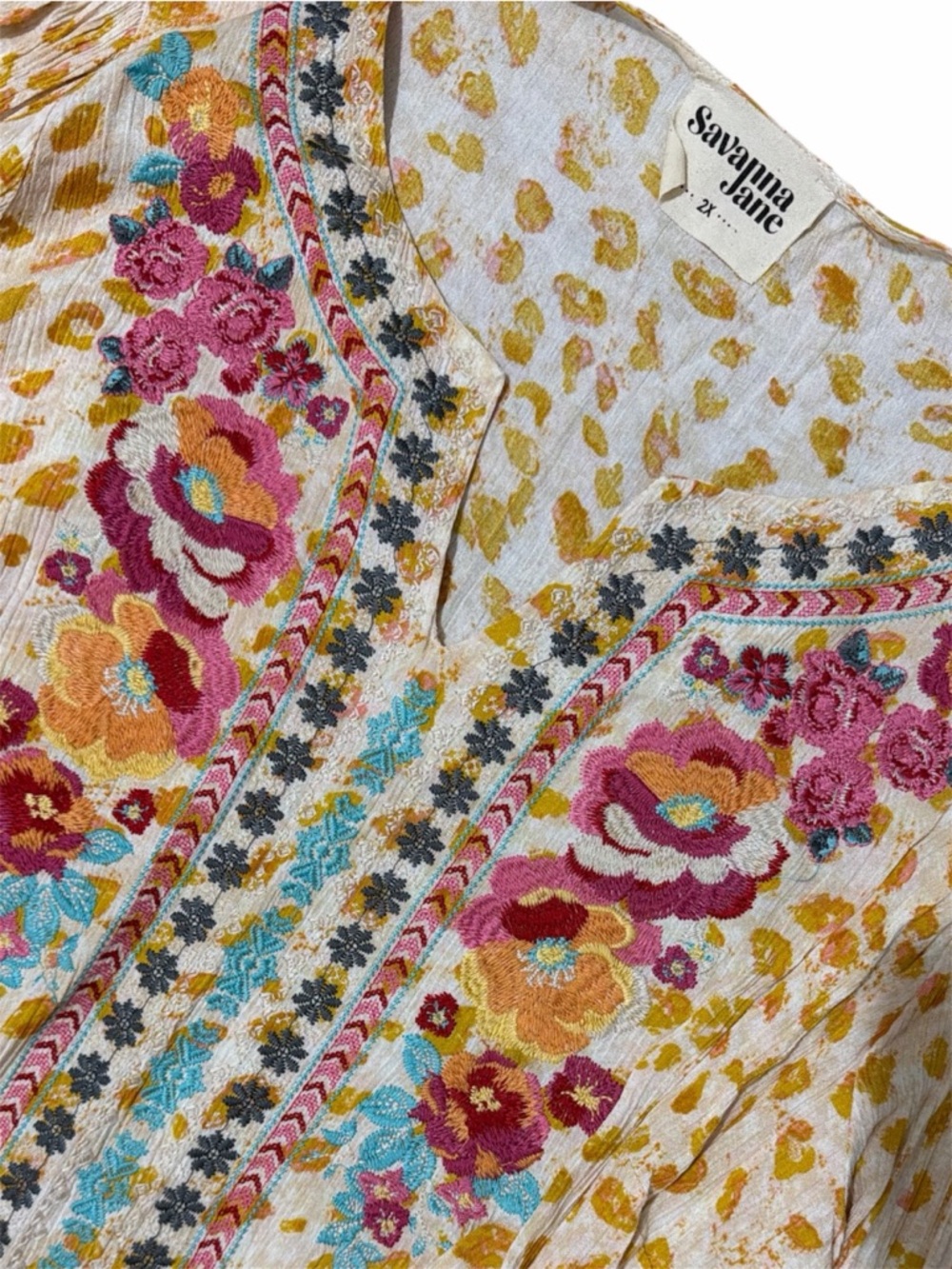 SAVANNA JANE Yellow Floral Embroidered V-Neck Tunic w Pink & Turquoise Accents